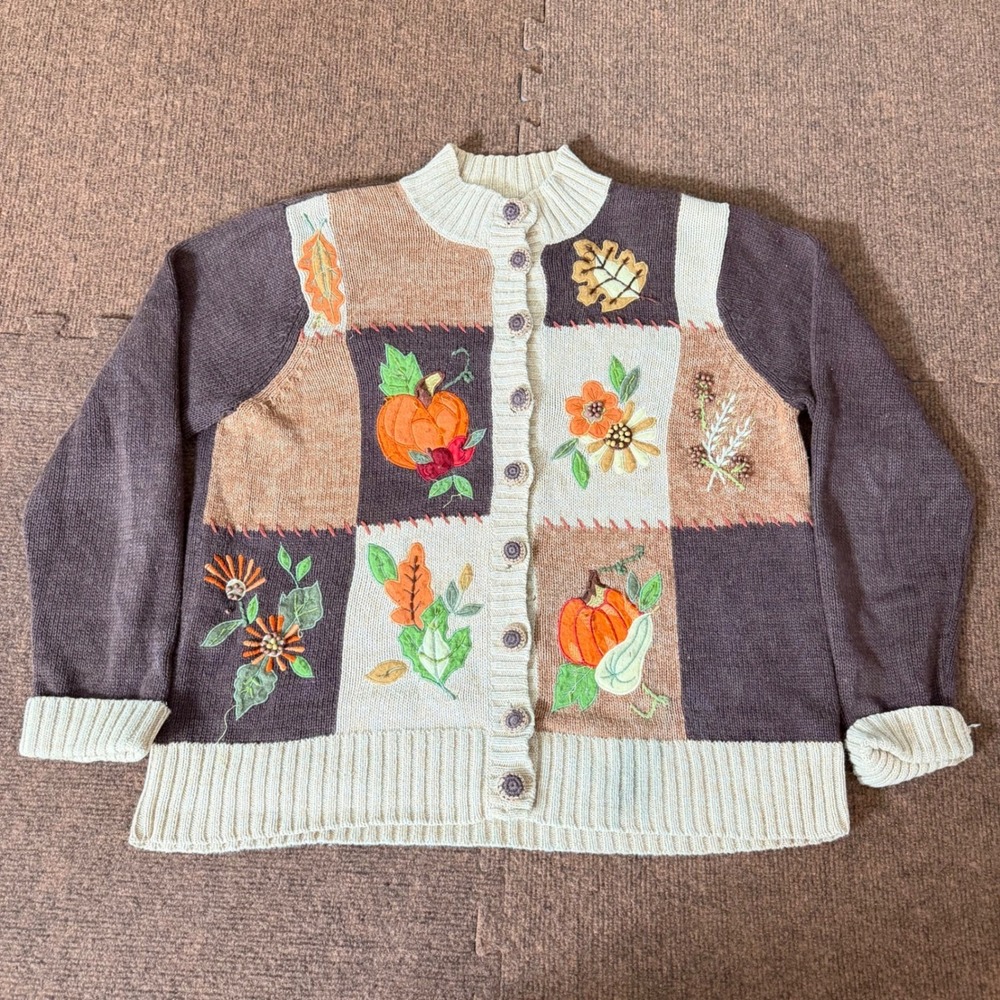 Tiara International Fall Patchwork Cardigan Pumpkin Embroidered Sweater Brown L - Picture 1 of 10